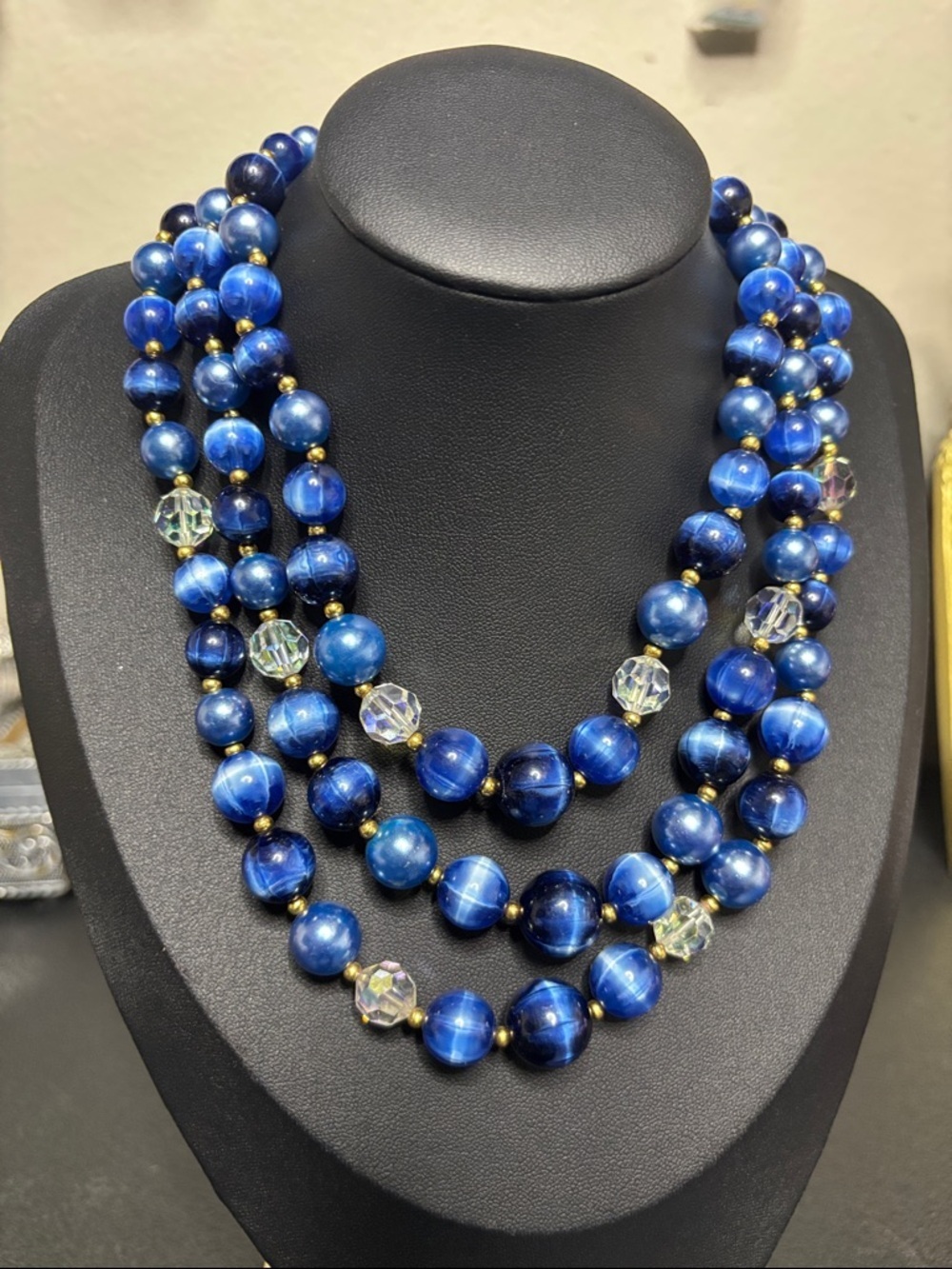Vintage Lisner Signed Layered Collar Blue Beaded Gold Tone Statement Necklace